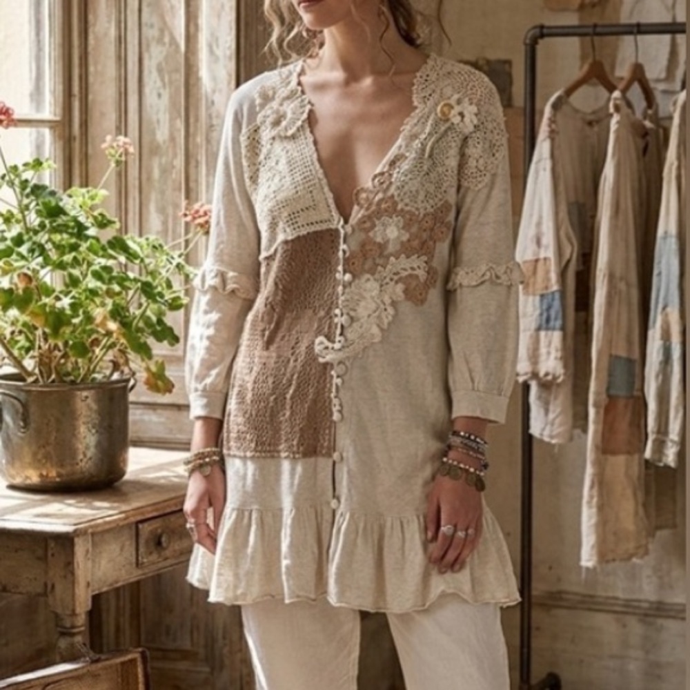 Vintage Anthropologie Knitted Knotted Cobbled Roads Crochet Doily Cardigan M - Picture 1 of 10